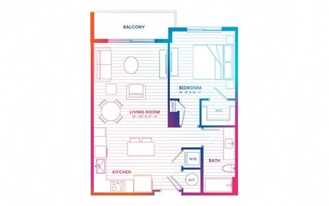 Floor plan for 1 bed, 1 bath, 700 sqft